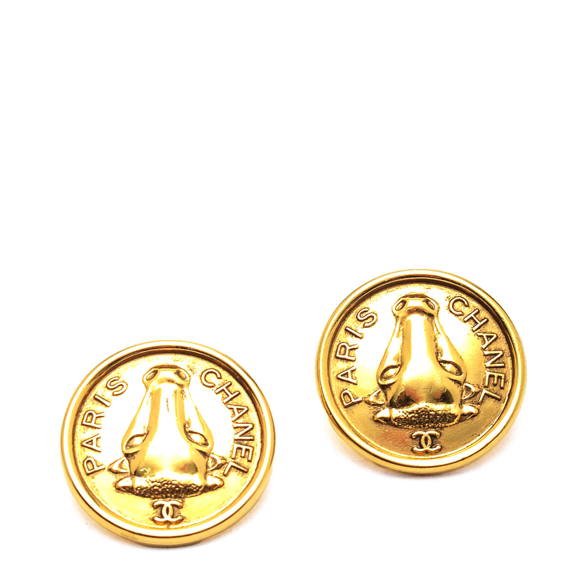 Chanel - Gold Medallion Cow Logo Clip On Earrings